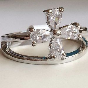 Flower Cocktail Ring Size 7 9 Cross Pear Cut Cubic Zirconia Silver RhodiumPlated